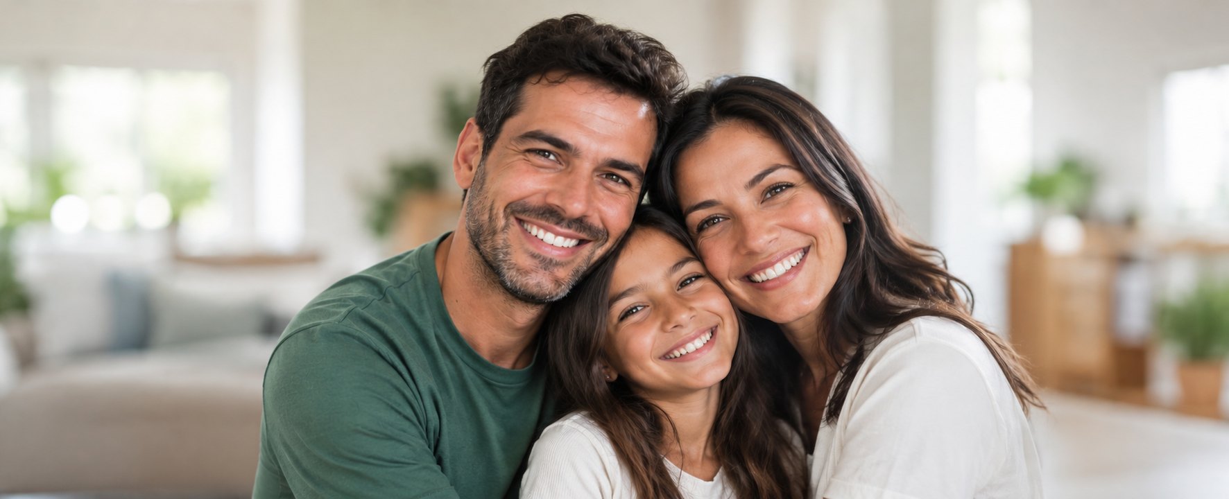 Pai, mãe e filha abraçados e sorrindo