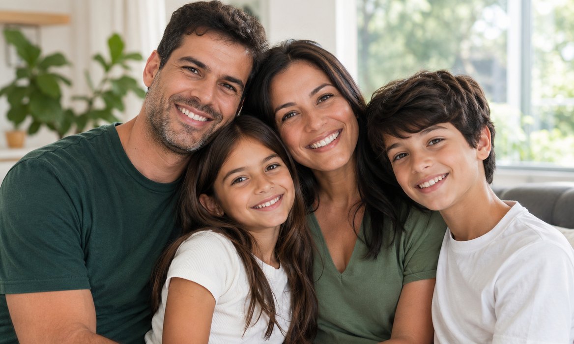 Família sorrindo: pai, mãe e dois filhos