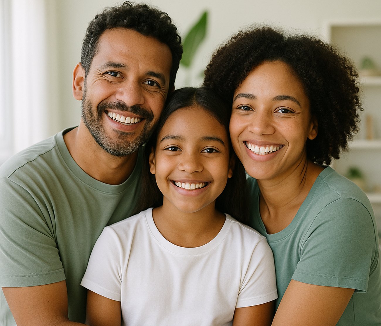Pai, mãe e filha abraçados e sorrindo